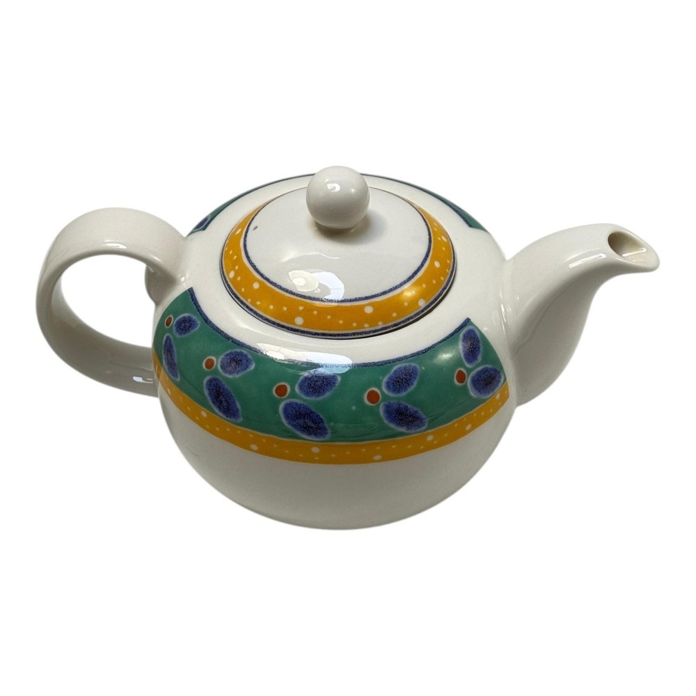 Ceramic Teapot Expressions Cabana Teal Yellow Blue Leaf Fine China